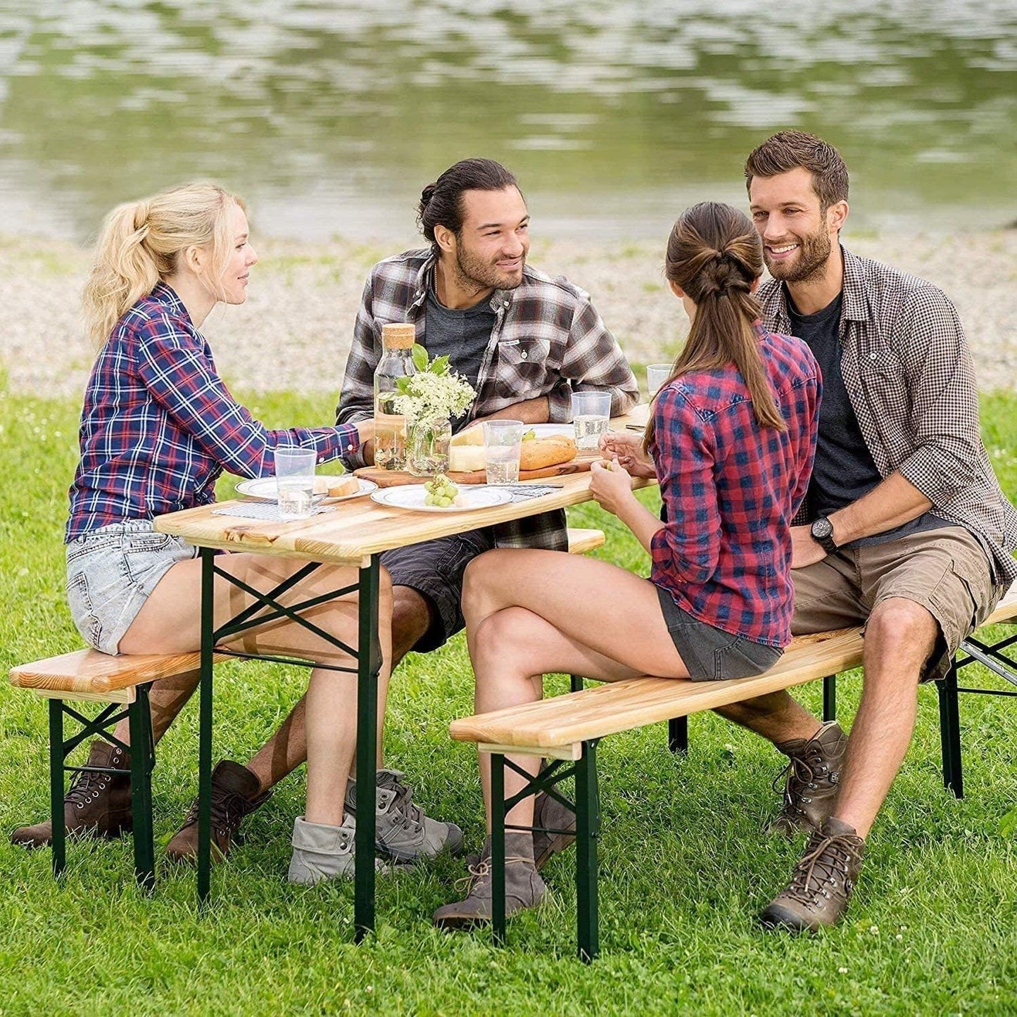 FEFE Large 3 Piece Wooden Folding Picnic Beer Table Bench Trestle Patio Outdoor Garden Pub Camping Portable Picnic Trestle Garden furniture Dining Table Set Camping BBQ Stools