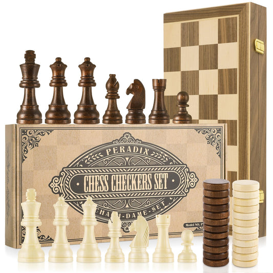 Peradix Chess Set and Draughts Board Games 2 in 1 Set | 39x39cm Magnetic Foldable Walnut Wooden Chess Board | 2 Extral Queen, Wood (PUZ-30)