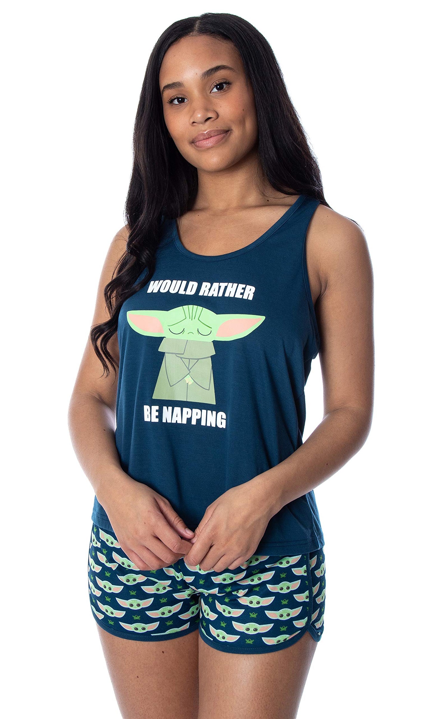 Star Wars Women's The Mandalorian Baby Yoda Rather Be Napping Racerback Tank and Shorts Loungewear Pajama Set (Medium) Blue