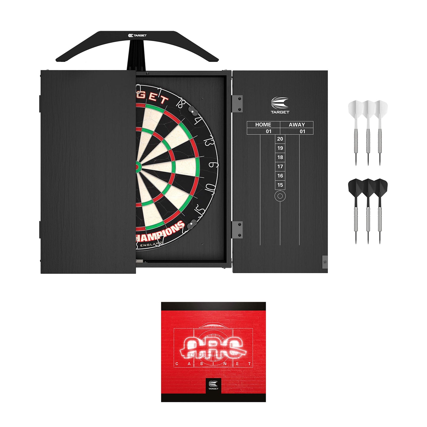 - Target Darts | Arc Dartboard Lighting System Home Cabinet Set | Includes World Champions Dartboard and 2 Sets of Darts | Black -