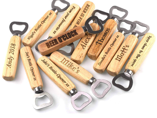 Personalised Engraved Bottle Opener with Wood Handle Choice of Fonts