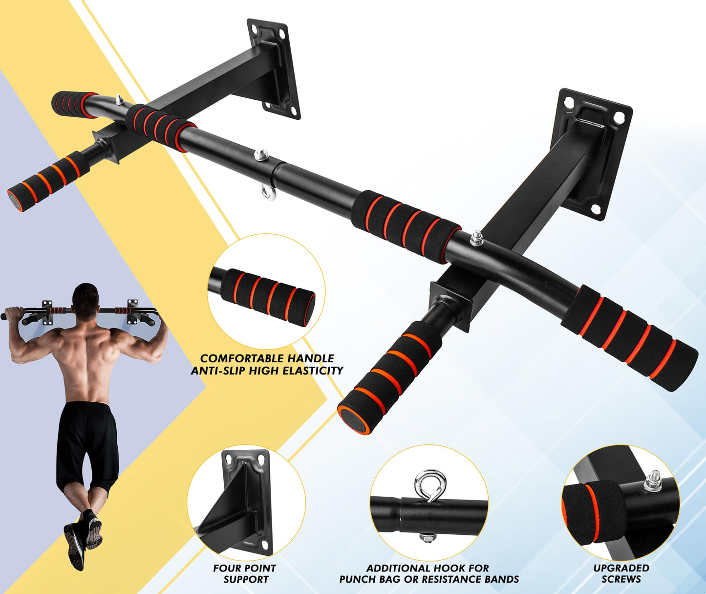 FK Sports Pull Up Bar Wall Mounted Pull-Up Bars 3 Foam Padded Hand Grips Chin Up Bar Portable Detachable Fitness Bar for Home Exercise Gym | Upper Body Workout Bar for Push Up Strength