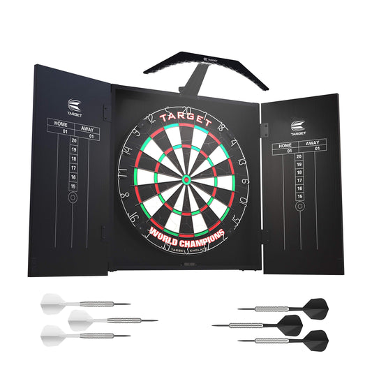 Target Darts Arc Dartboard Lighting System Home Cabinet Set - Includes World Champions Dartboard and 2 Sets of Darts ,Black