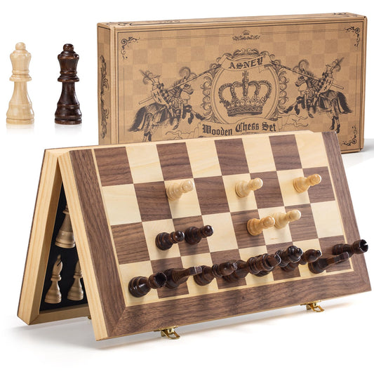 ASNEY Upgraded Magnetic Chess Set, 15” Tournament Staunton Wooden Chess Board Game Set with Crafted Chesspiece & Storage Slots for Kids Adult, Includes Extra Kings Queens & Carry Bag, 2 Players