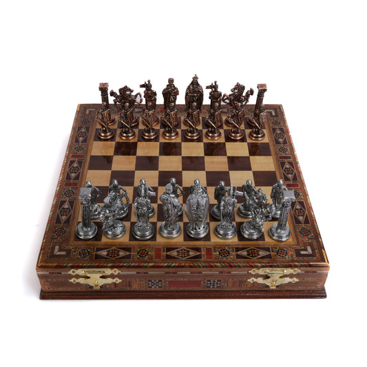 Royal Medieval British Army Antique Copper Metal Chess Set for Adults,Handmade Pieces and Natural Solid Wooden Chess Board with Storage Inside King 3.35inc