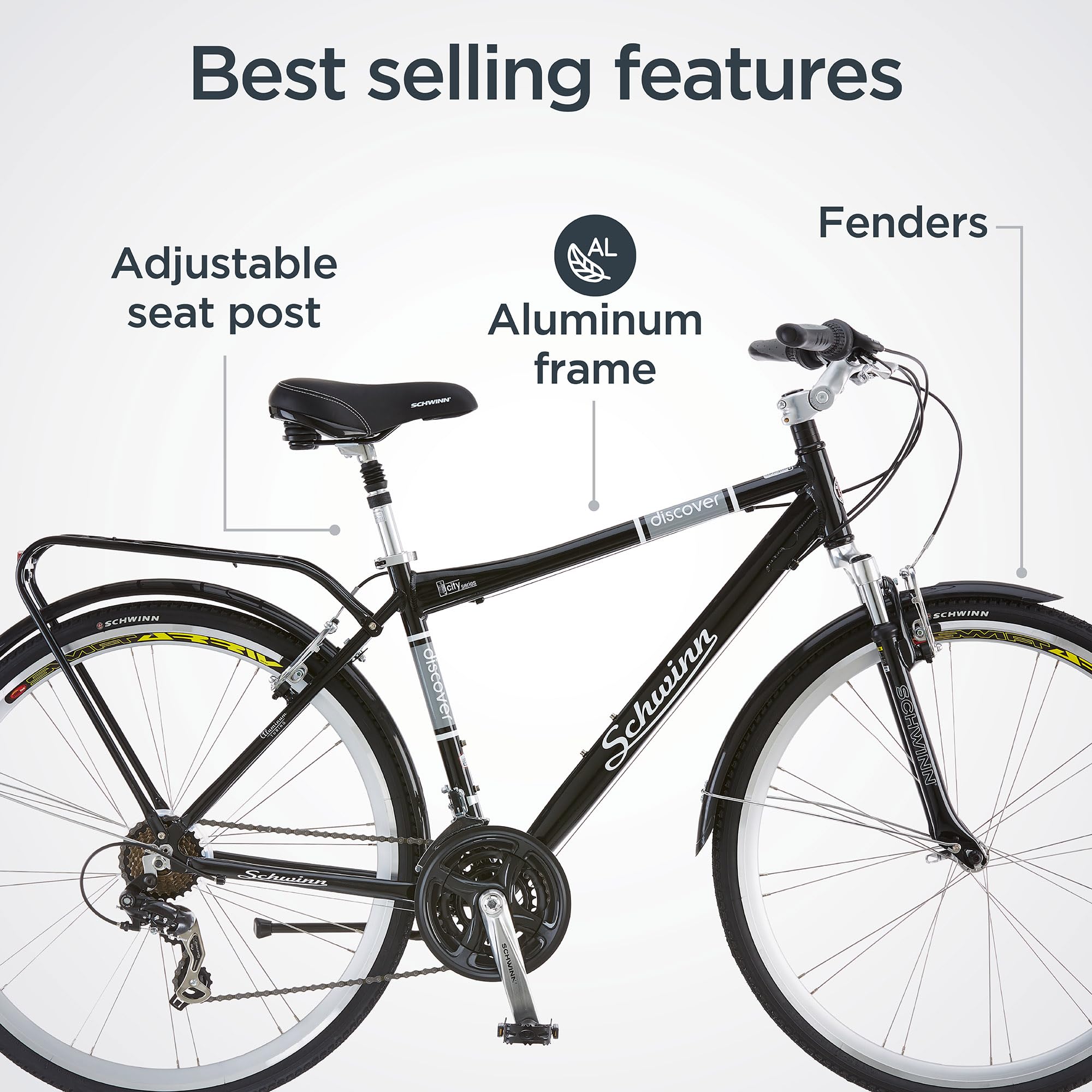 Schwinn discover 700c hybrid bicycle with full fenders and rear cargo rack sale