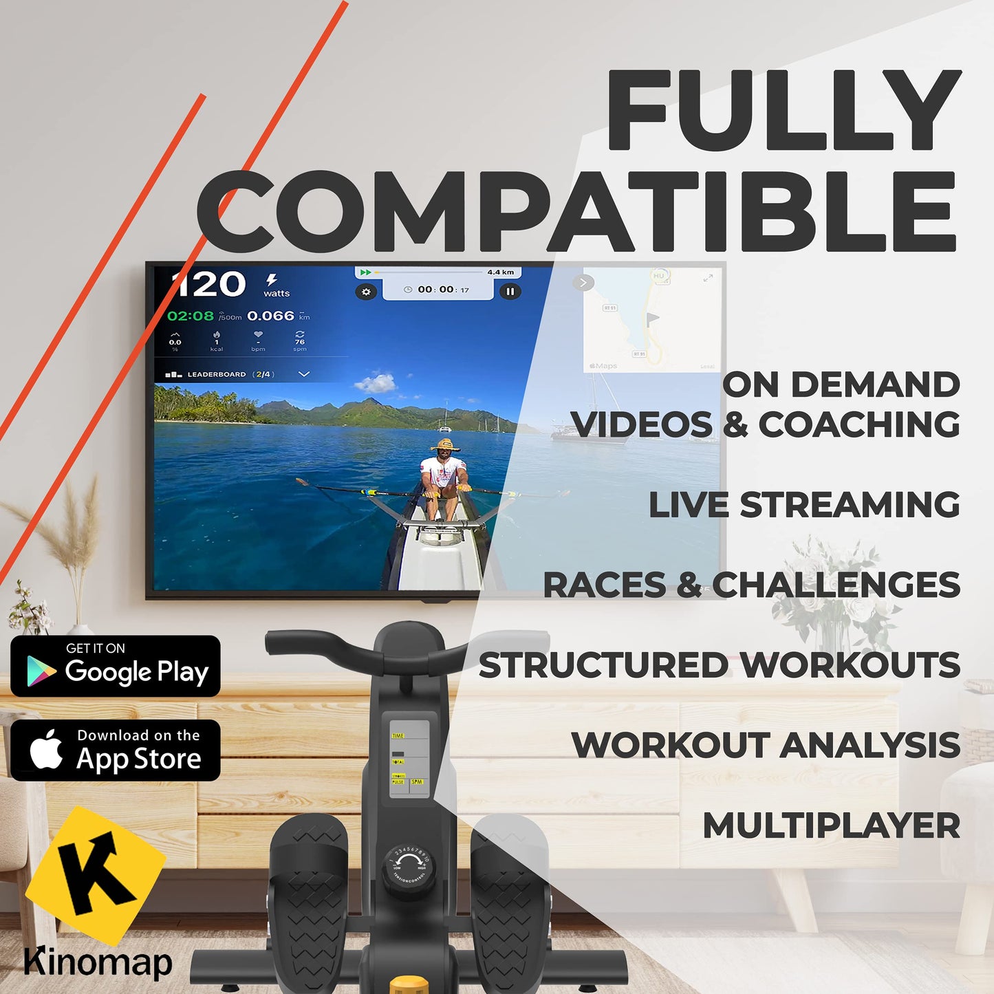 Roneyville RowActiv8 Smart Magnetic Rowing Machine Home Gym | Digital Fitness, LCD Console, Aluminum Rail, Rower with Integrated Kinomap Fitness App Live Video Streaming, Video Coaching & Training