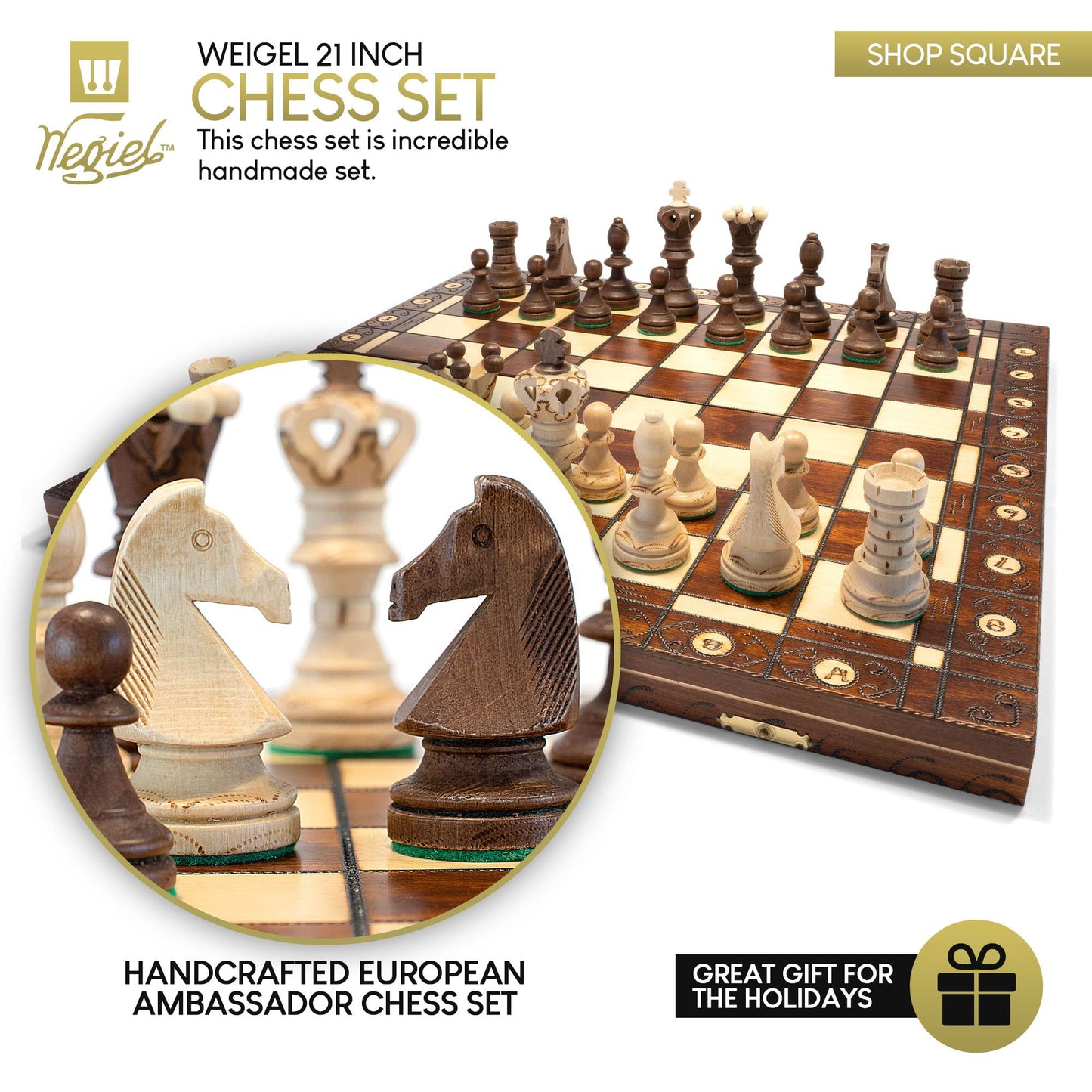 - Wegiel Handmade European Ambassador Chess Set - Wooden 21 Inch Beech & Birch Board