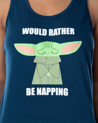 Star Wars Women's The Mandalorian Baby Yoda Rather Be Napping Racerback Tank and Shorts Loungewear Pajama Set (Medium) Blue