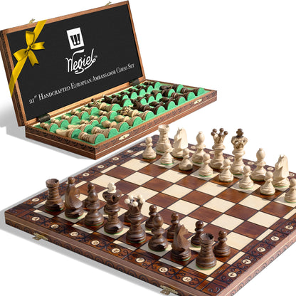 - Wegiel Handmade European Ambassador Chess Set - Wooden 21 Inch Beech & Birch Board