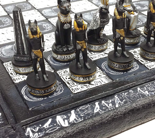 HPL Egyptian Anubis Chess Set Black Silver and Gold Men with 16" Hieroglyphic Board